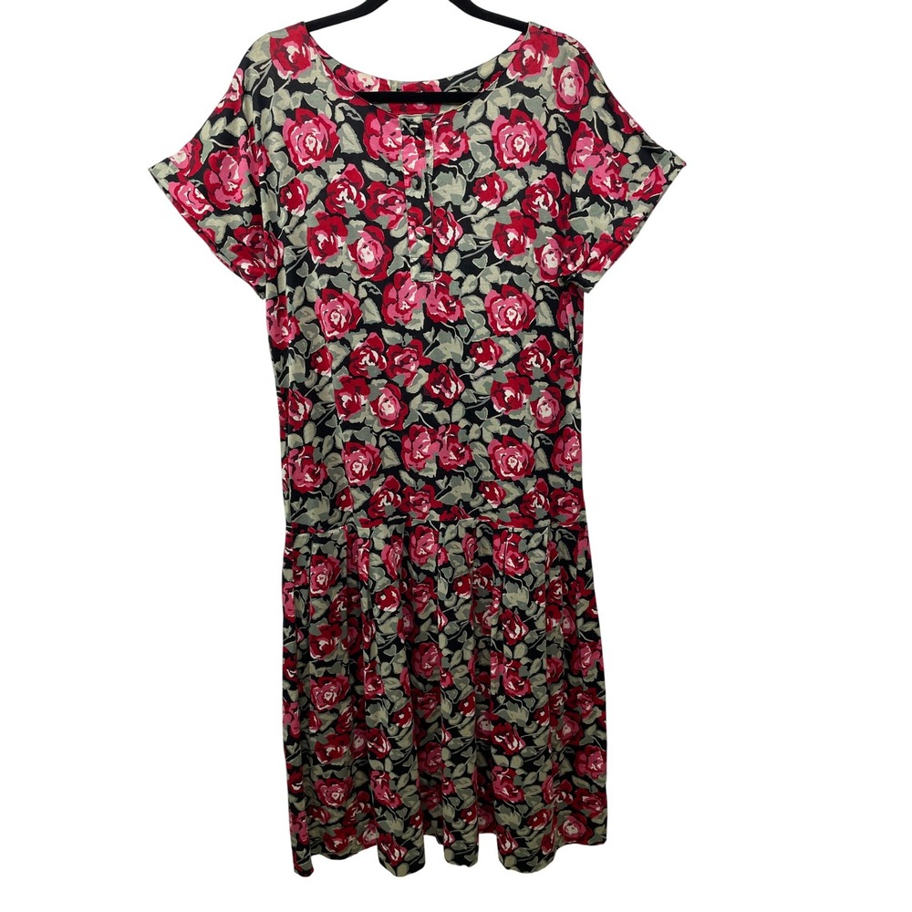 Laura Ashley Vtg Floral Print Midi‎ Dress Dark Cottagecore Roses Cuff Sleeve 12